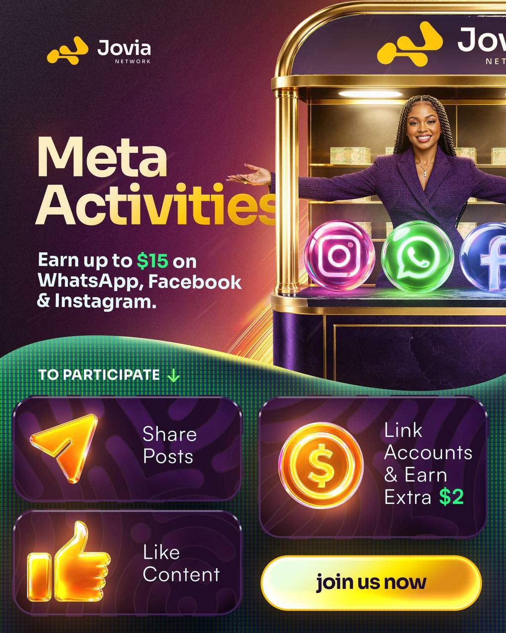 Jovia meta activities promotional feature